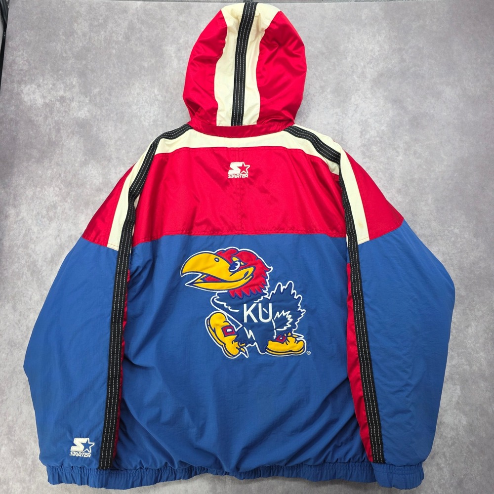 Vintage Starter Kansas Jayhawks Puffer Jacket Red Blue Hooded Mens XL